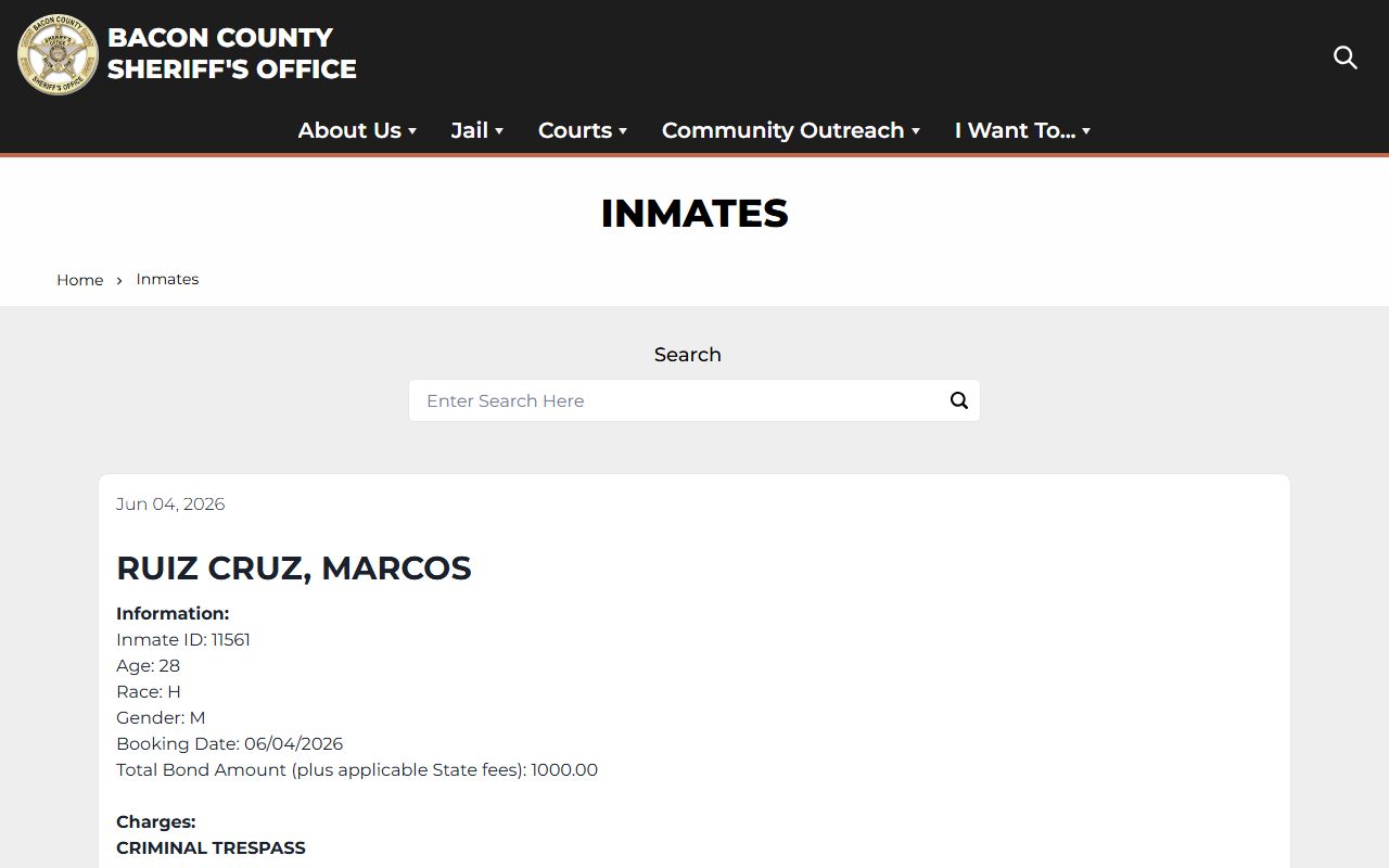 Bacon County Jail inmate roster search module