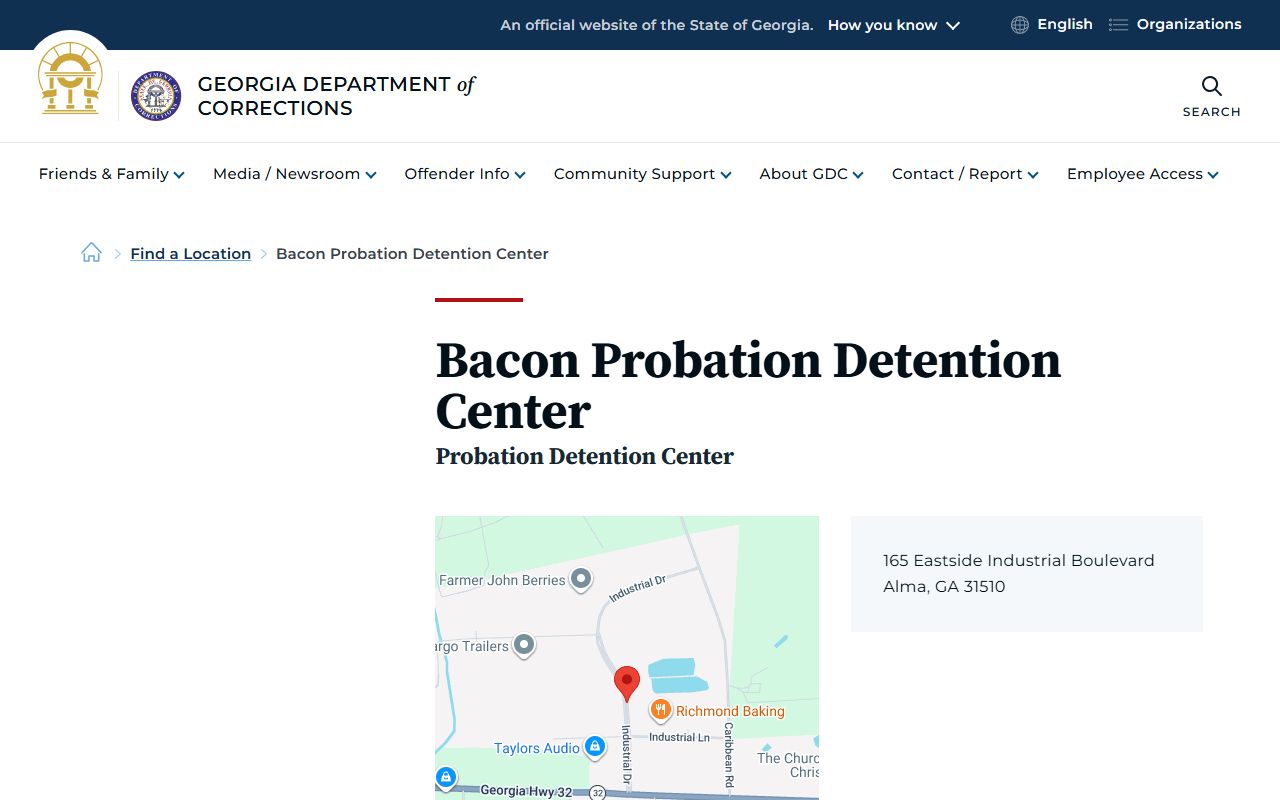 Bacon Probation Detention Center GDC offender lookup facility page